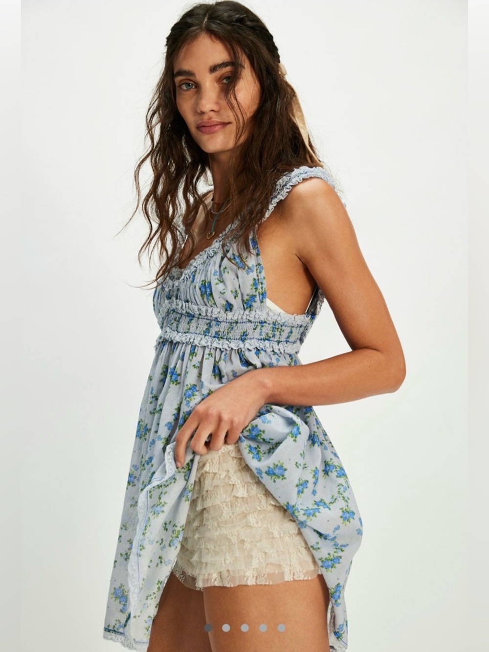 🩵 Free People Printed Feel Good Slip Dress Nightie Chemise Blue Lace Floral 🩵